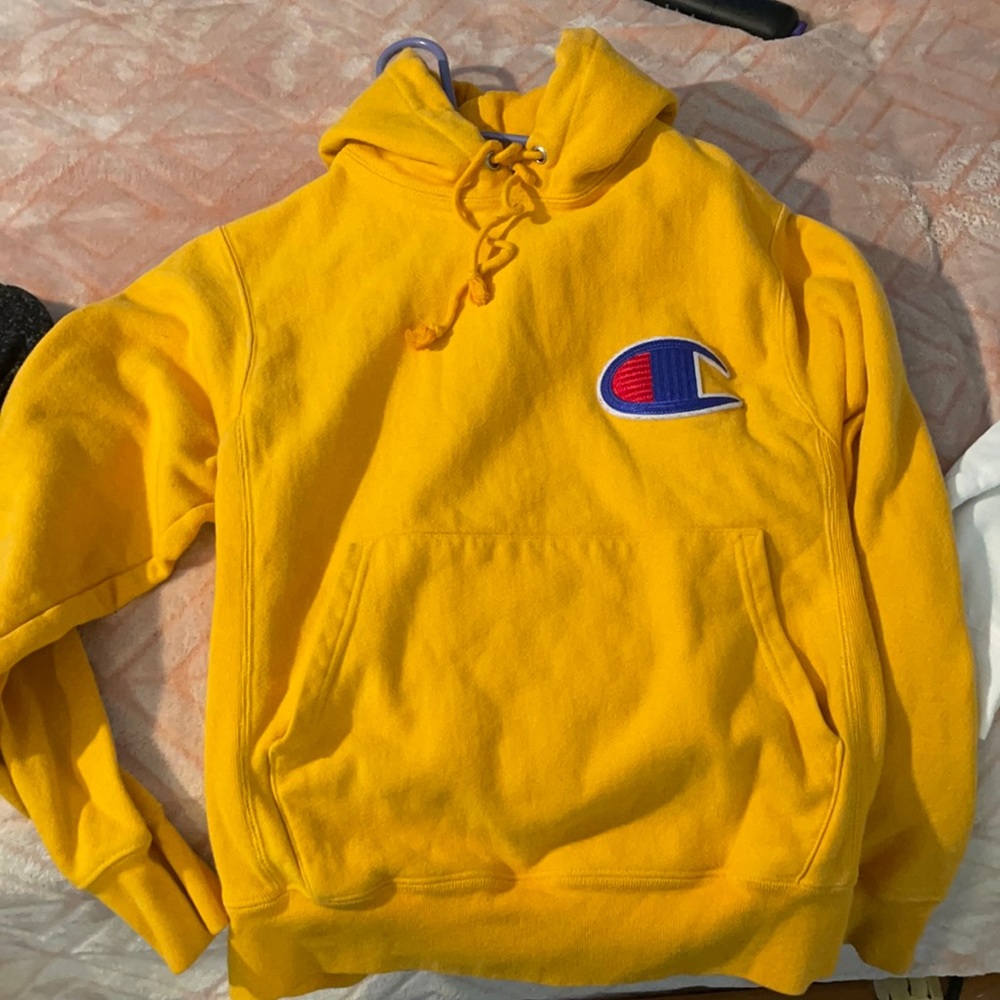 yellow champion pull over hoodie